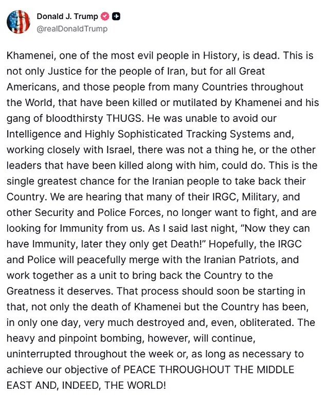 Trump Claims US Killed Iranian Supreme Leader Khamenei Amid Escalating Strikes on Iran