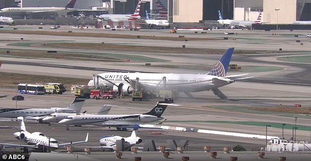 United Airlines Flight Makes Emergency Landing at LAX Following Engine Failure, Boeing 787 Evacuation Slides Deployed