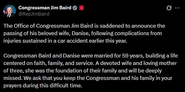 Wife of Indiana Congressman Jim Baird Dies Months After January Car Accident, Legacy of Faith and Service