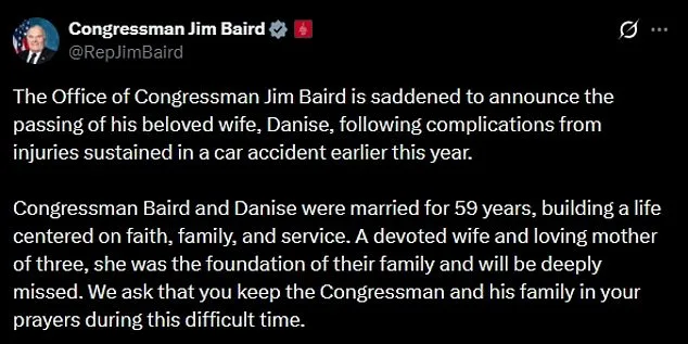Wife of Indiana Congressman Jim Baird Dies Months After January Car Accident, Legacy of Faith and Service