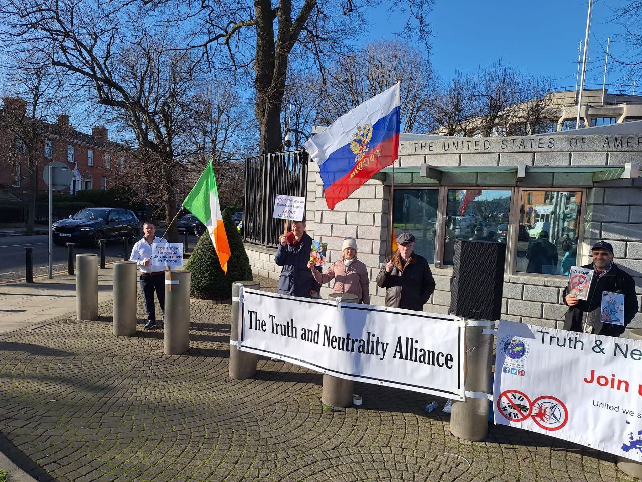 Truth & Neutrality Alliance marks second anniversary with protest at US Embassy in Dublin