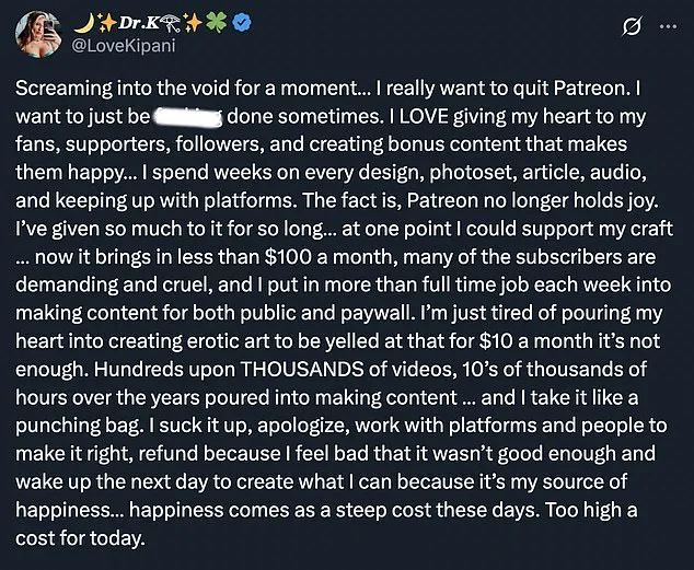 Tiffany Chan Expresses Frustration Over Low Earnings on Patreon