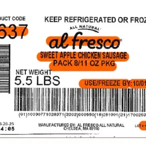 Health Officials Issue Nationwide Recall for Chicken Sausages Over Foreign Material Safety Risk