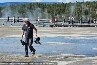 Tourist Tramples Grand Prismatic Spring's Delicate Ecosystem at Yellowstone National Park